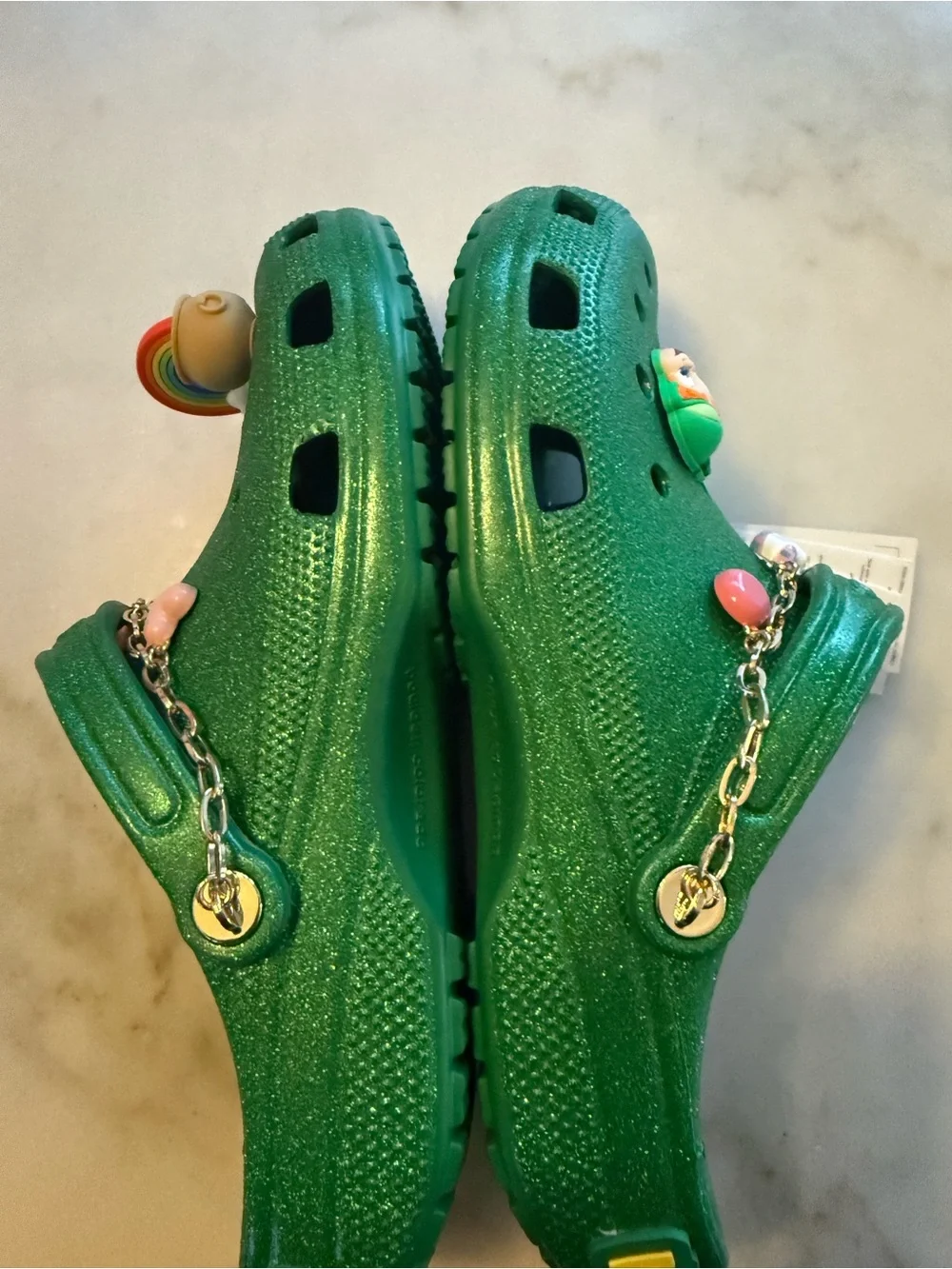 CROCS Men's Green Glitter Clogs with Charm Chain
